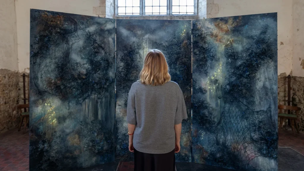 A Quiet Storm, a three-panel painted screen installation by Kim O'Neil, viewed from behind as a visitor stands before it in St Mary's Church, Burham.